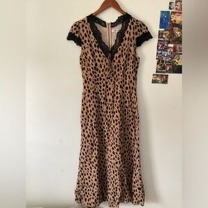 Reformation Tan and Black Midi Dress with Lace Trim